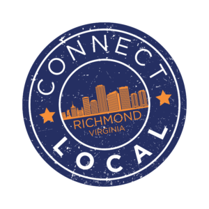 Circular connect local richmond virginia logo in blue with the richmond city skyline in orange in the center